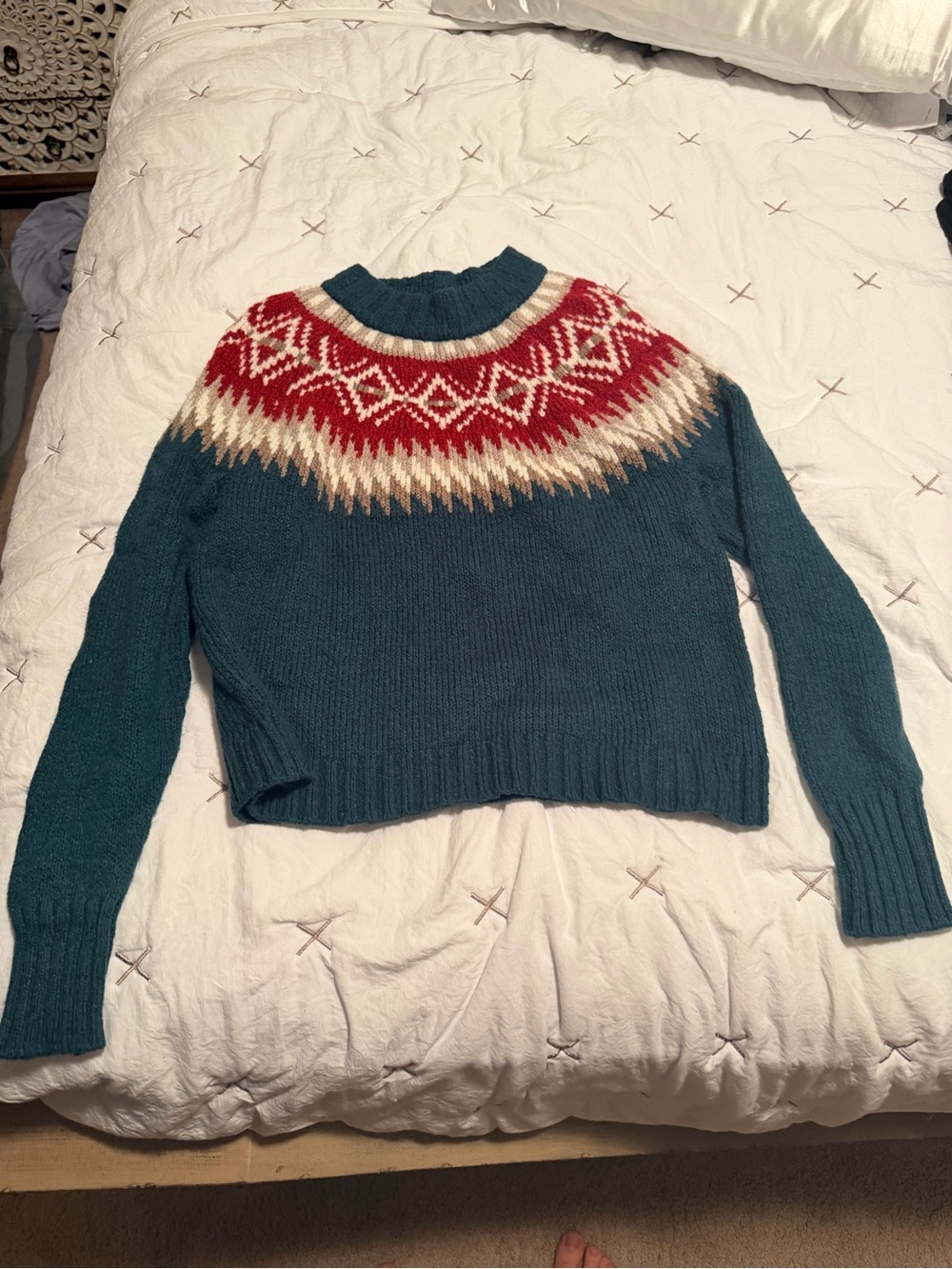 American Eagle Outfitters Teal Sweater with Red, Cream, and Tan Nordic Yoke
